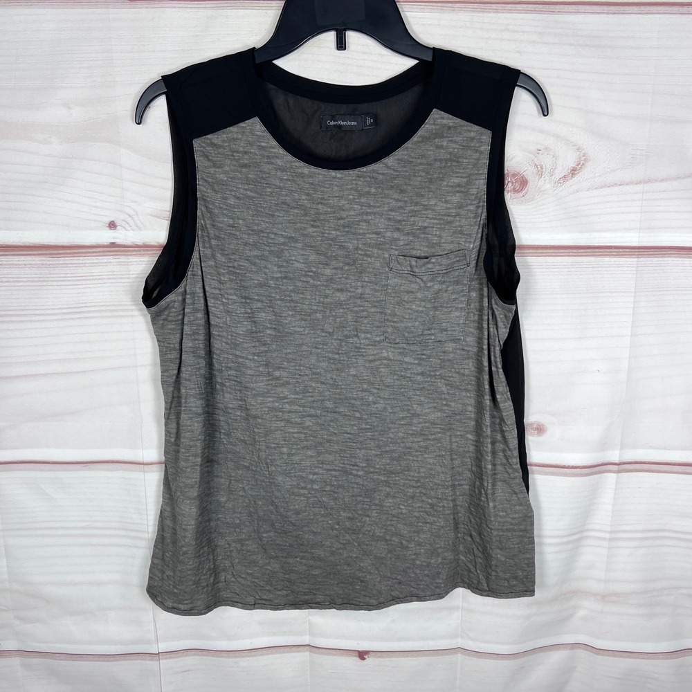 Calvin Klein Jeans Tank Top Womens Medium Gray Black Pocket Mixed Media Casual